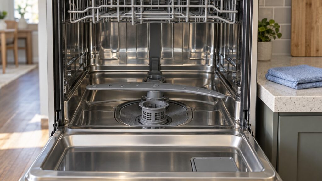 Close-up of the open lower basin of a stainless dishwasher with the filter and spray arm with the door open, seen straight on from the front, with a folded microfibre cloth on the counter nearby.