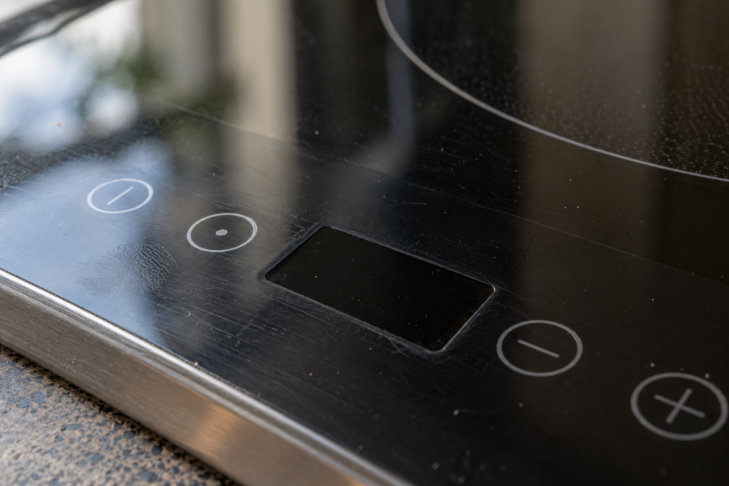 Macro view of the touch control strip on a black glass induction cooktop, its icons visible with the status window dark.