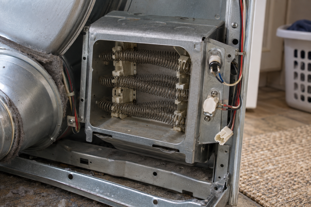 The back panel off an electric dryer, showing the metal heater can with its coil, a small thermistor and a flat thermal fuse on the housing, one connector hanging loose.