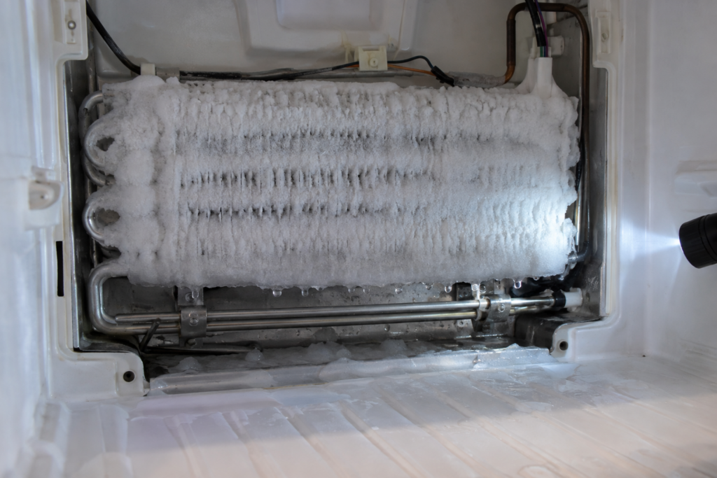 The rear wall panel unscrewed and leaning inside a side by side freezer, the evaporator behind it buried in a solid block of frost bridging the fins.