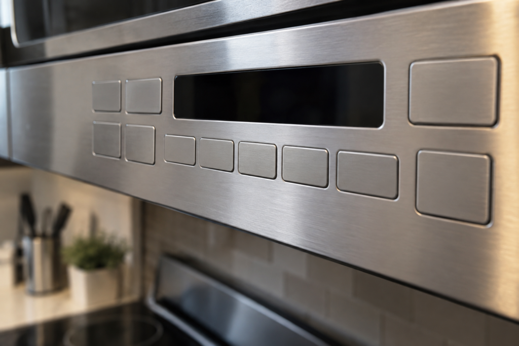 A slight angle across the stainless membrane touch panel of an over the range microwave, the moulded keys sharp and the narrow display strip dark and blank.
