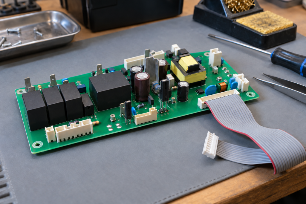 An electronic range control board removed and lying on a workbench mat, its ribbon connector unplugged.