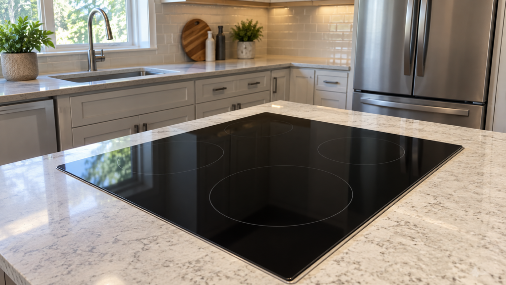 A black glass induction cooktop built into an American kitchen countertop, all cooking zones dark and unused.