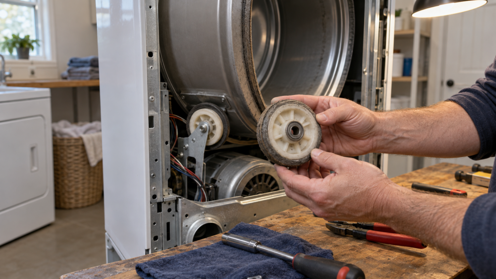 Hands holding a worn plastic drum support roller beside the open back panel of an electric clothes dryer.