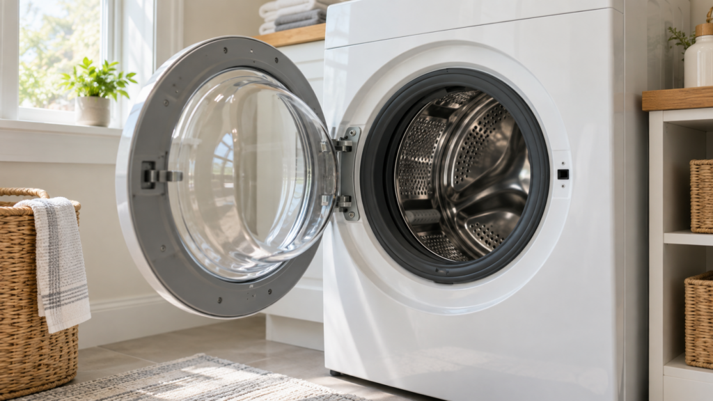 A front-load washer with its door open, showing the black rubber door boot gasket around the drum opening.