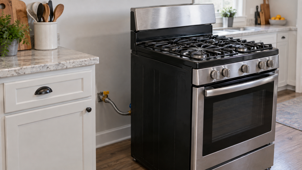 A gas kitchen range pulled forward from the wall, showing the flexible gas supply connector at the rear.