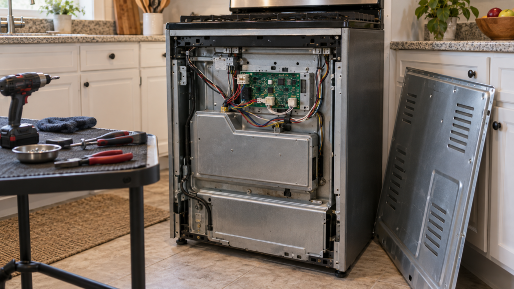 The rear panel of a kitchen range removed, showing the control board still mounted inside the open cavity.