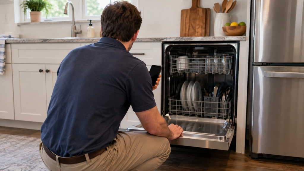 A person seen from behind, phone in hand, crouching at an open dishwasher door in a kitchen to check a number.