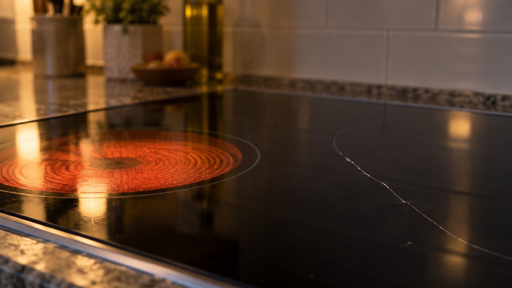Close-up of a black ceramic glass cooktop at a low angle, one radiant element glowing dull orange beneath the glass and a fine hairline crack running across the cold half.