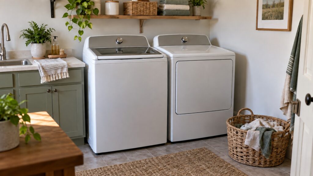 A high-capacity top-load washing machine with a glass lid standing in a laundry room beside a matching dryer.