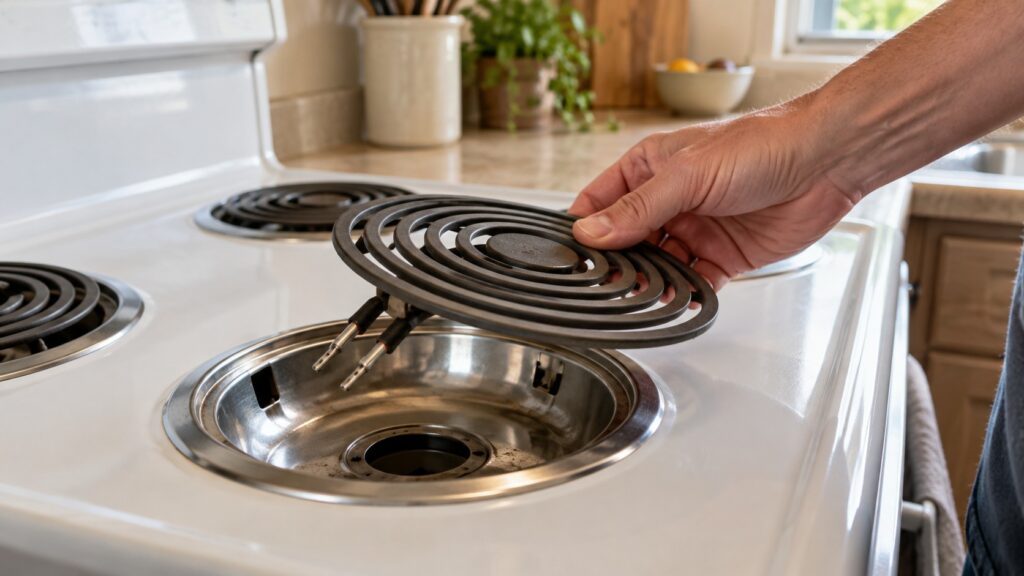 A hand lifting a spiral coil heating element out of its receptacle on a white electric cooktop, the drip bowl visible underneath.