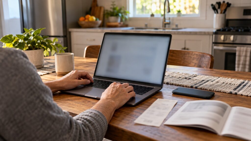 A person at a kitchen table with a laptop open and an appliance receipt and warranty booklet spread beside it.