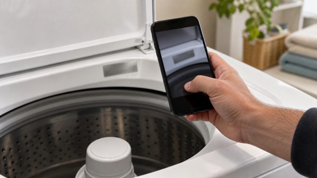 A hand holding a phone up to the silver rating plate on the rim under the open lid of a top-load washing machine.