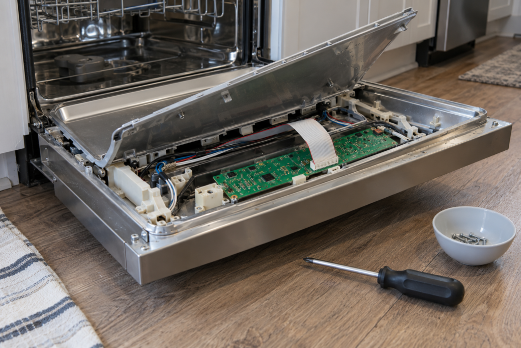 The inner door panel of a dishwasher lifted to show the control board and its ribbon cable.