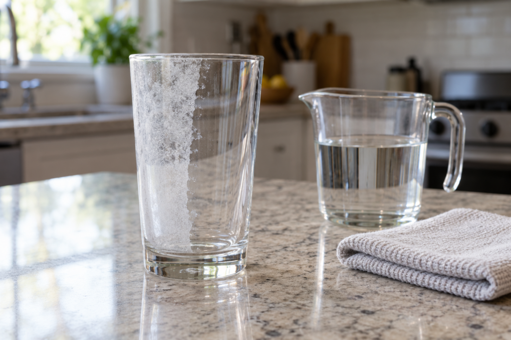 A drinking glass clouded with white mineral film and a clean stripe wiped through it, beside a measuring cup of clear liquid.