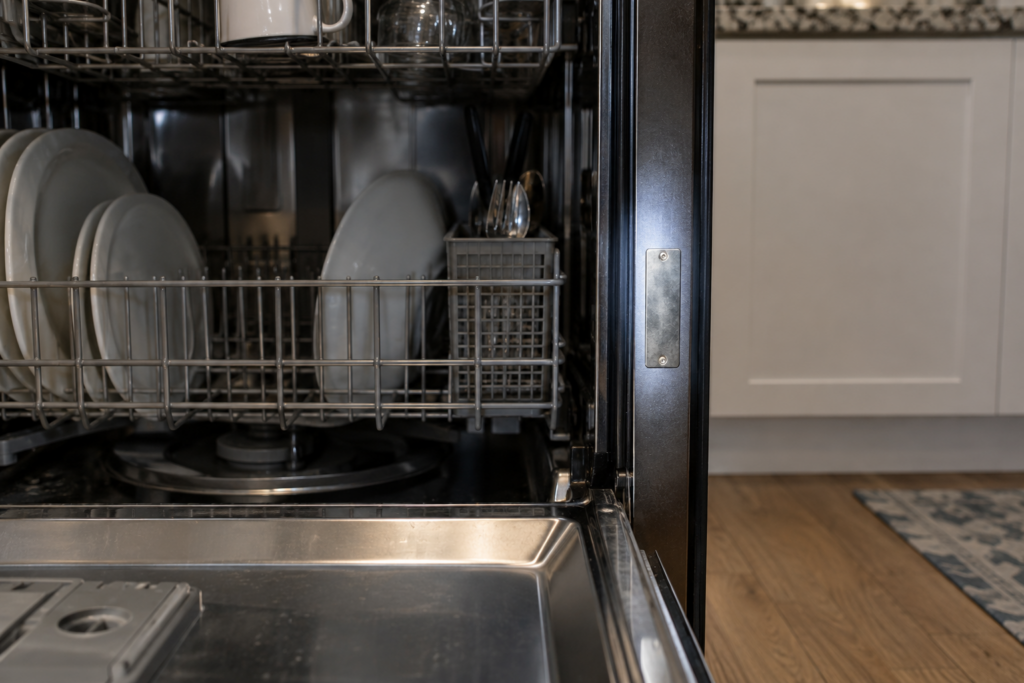 A silver rating plate on the front edge of a dishwasher tub lit by a flashlight, its characters too blurred to read.