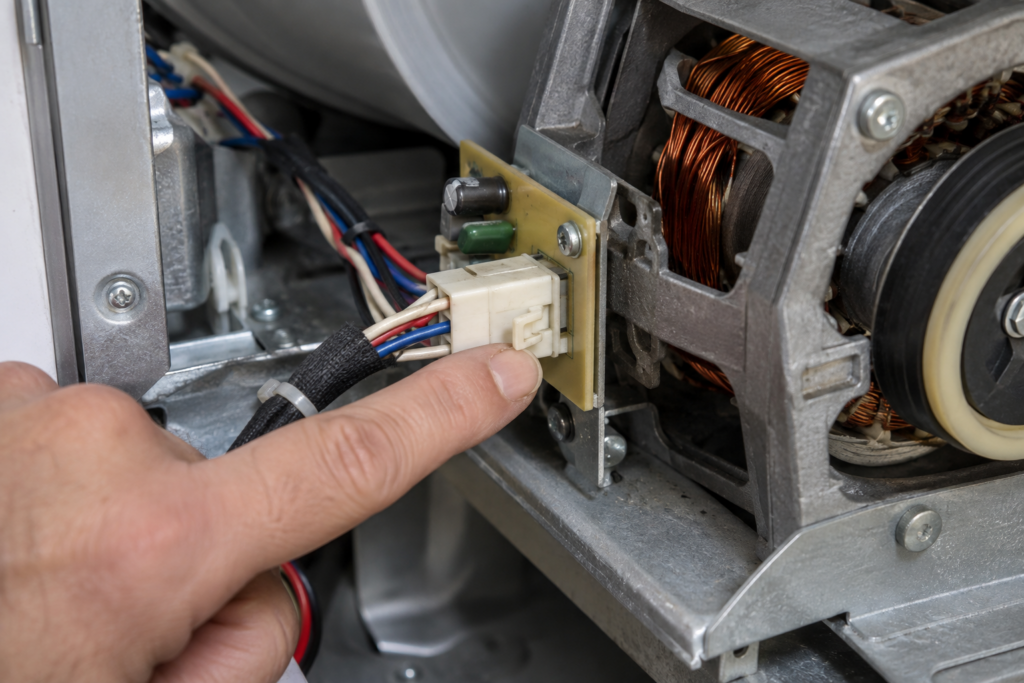 The opened rear of a dryer with a wiring harness connector pressed onto a small circuit board beside the drum motor.
