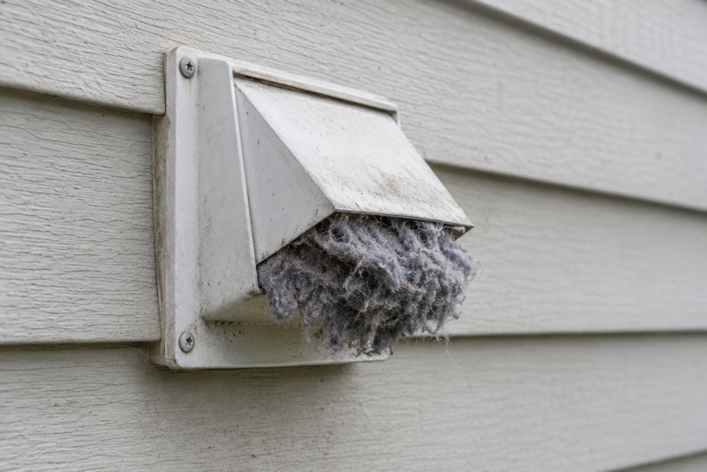 An exterior dryer vent cap with its flap held half open by a matted plug of grey lint.