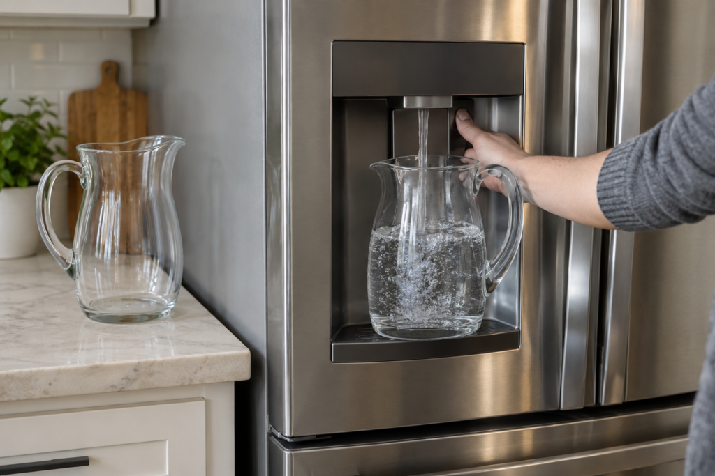 A large pitcher filling under a refrigerator dispenser while a new filter is flushed.