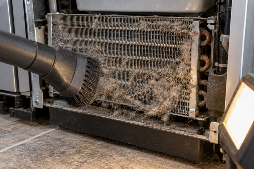 The condenser coil behind an undercounter ice maker's grille, its fins clogged with grey dust and pet hair.