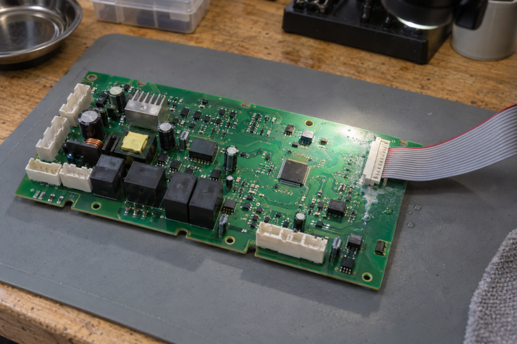 A washer control board on a workbench mat with a ribbon cable attached and a faint tide mark and droplets near one connector.