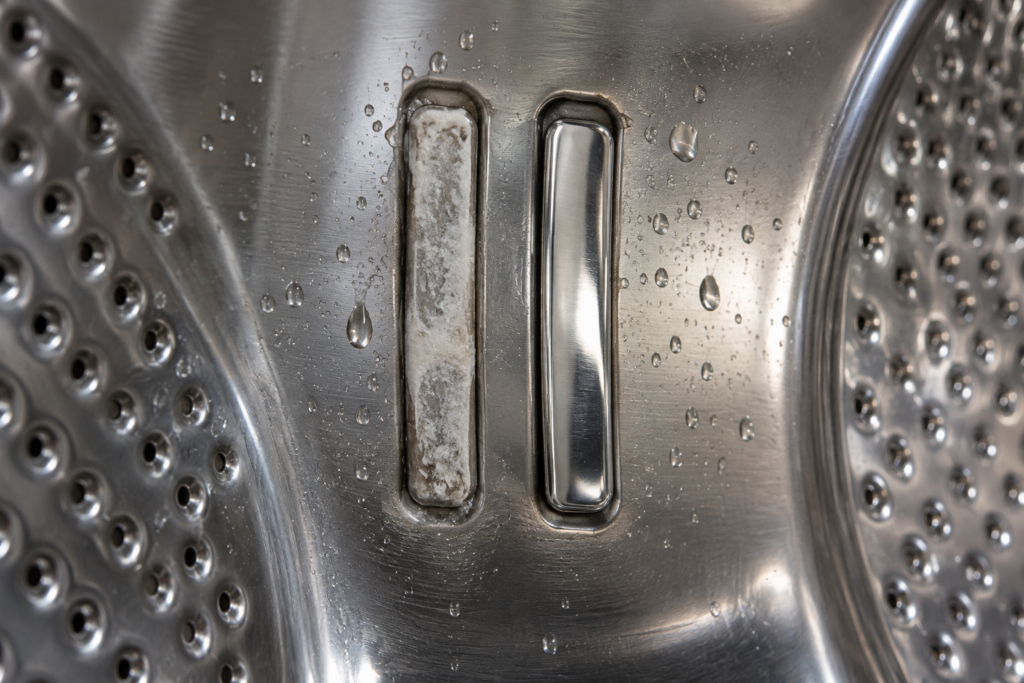 Macro view of two metal sensor bars on a washer drum wall, one coated in a cloudy softener film and one clean.
