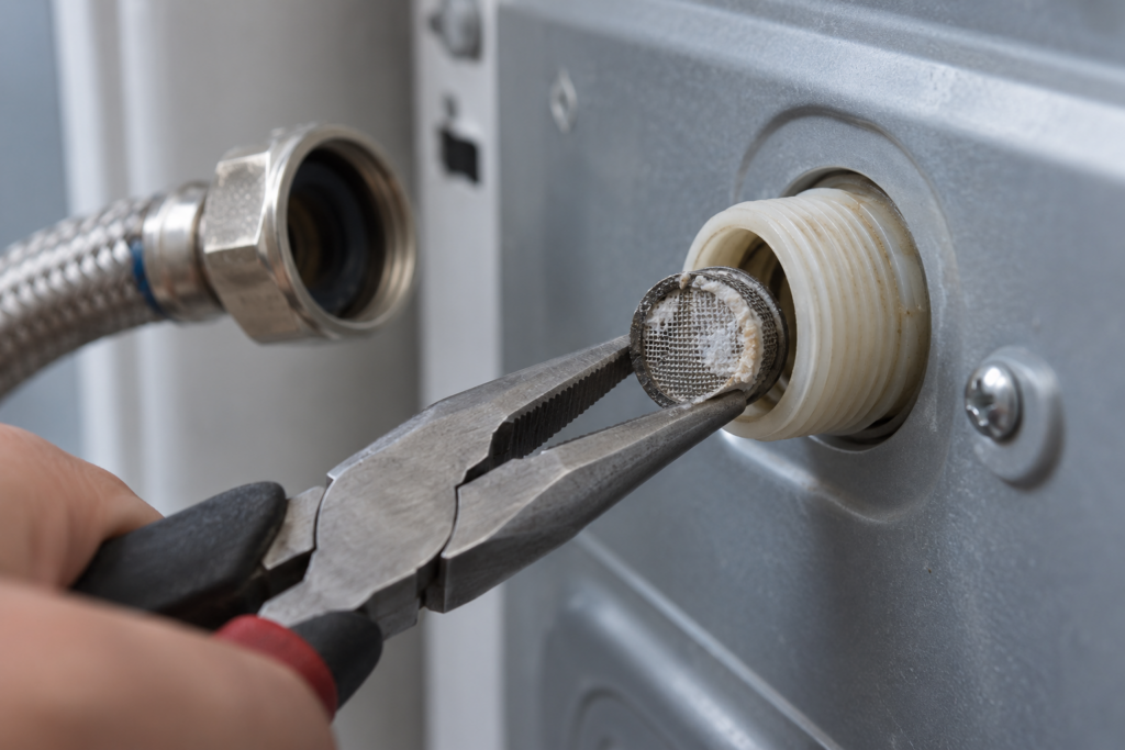 Needle-nose pliers pulling a mesh inlet screen with a white mineral crust out of a washer inlet port.