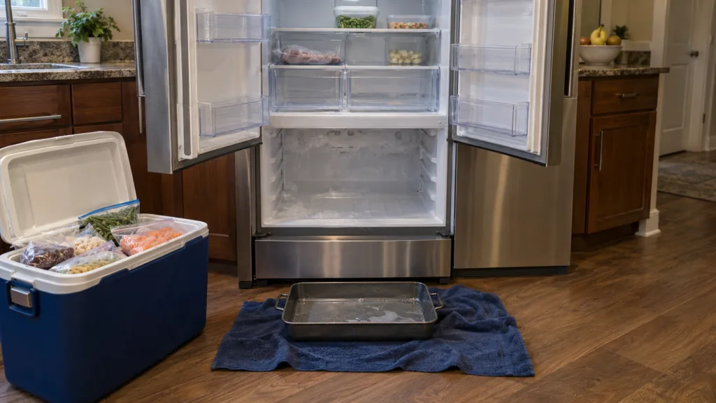 Towels and a pan on the floor in front of an open refrigerator, with frozen food moved into a cooler.