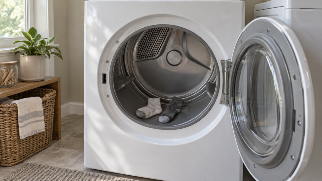 An electric dryer with its door open showing a stationary empty drum and two socks lying at the bottom.