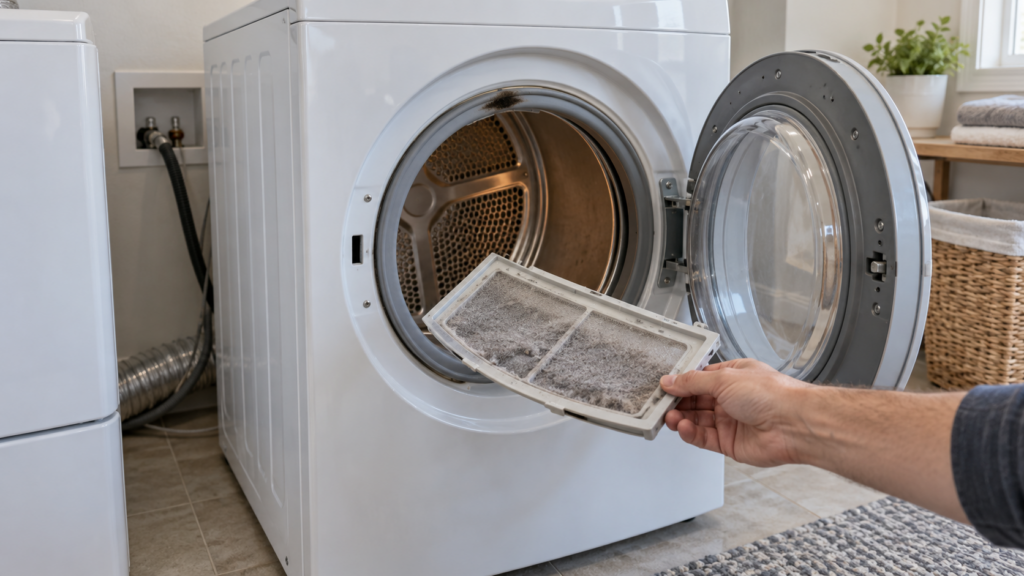A front-load dryer pulled forward with its door open, a layer of grey lint on the lint screen and a faint scorch mark on the door seal.