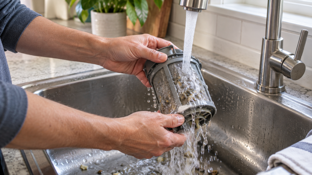 Hands holding a cylindrical dishwasher filter under a running kitchen tap while grey residue rinses off the mesh.