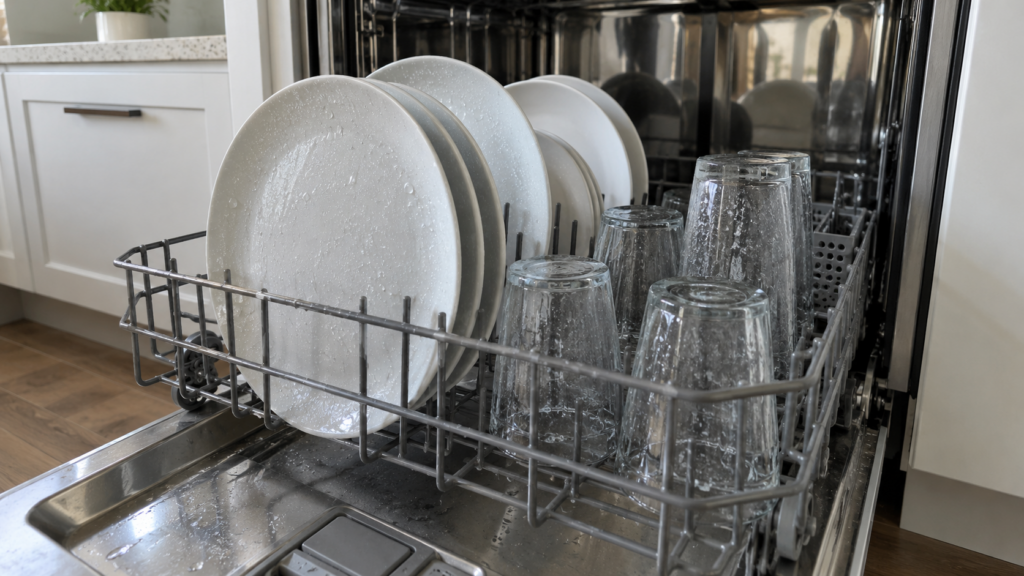 Wet plates and glasses beaded with water in the open lower rack of a dishwasher after a cycle.