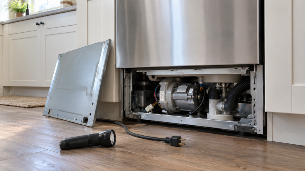 A dishwasher with its lower front panel removed, showing the wash motor and wire connectors with the power cord unplugged.