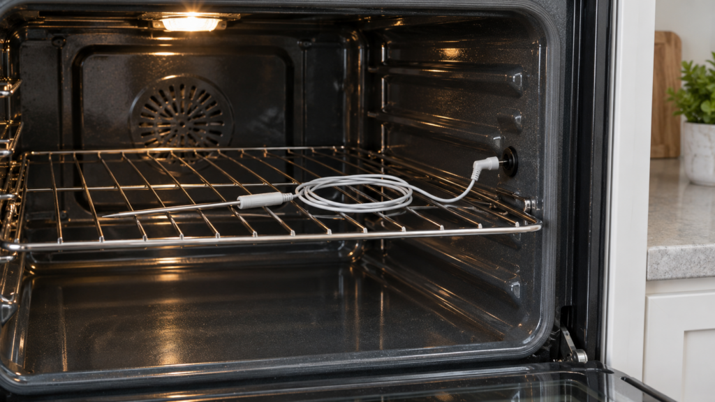 A coiled white oven meat probe lying on an empty oven rack beside the probe jack on the cavity wall.