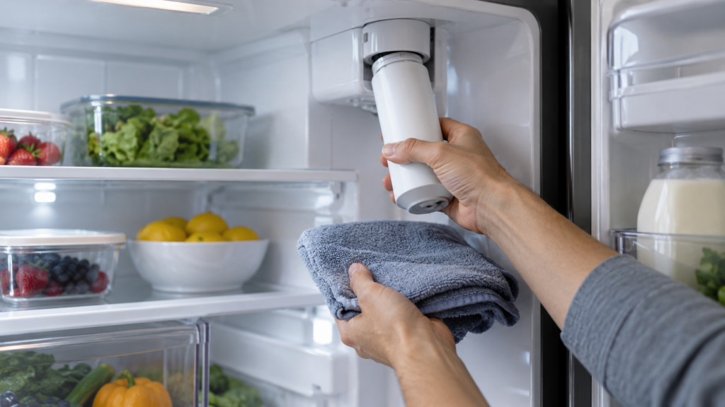 A hand twisting a white water filter cartridge out of its housing inside a refrigerator.