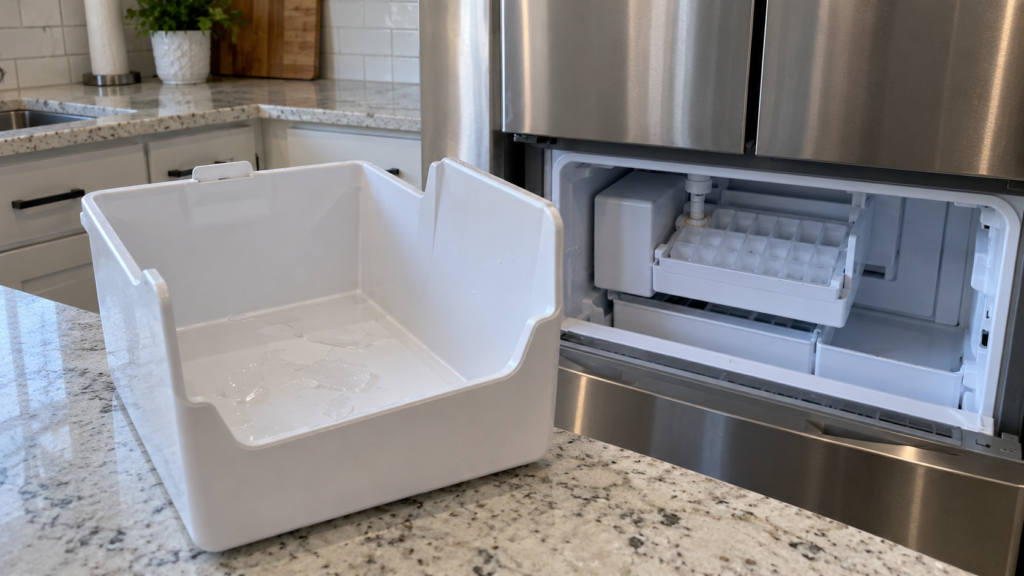 An empty ice bin set on a counter beside an open freezer, with a dry ice mold and a faint frost ring visible behind it.