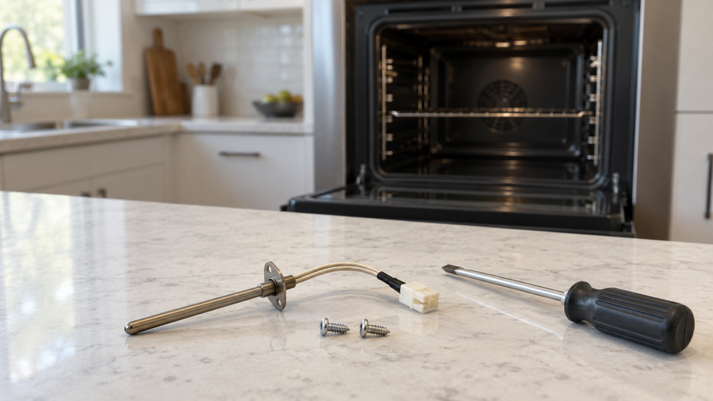 A removed oven temperature sensor probe lying on a countertop beside its mounting screws and a screwdriver.