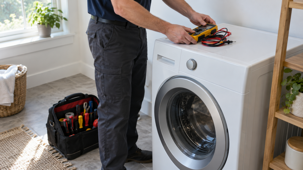 Hands resting a digital multimeter on a closed front-load washer with an open tool bag on the floor beside it.