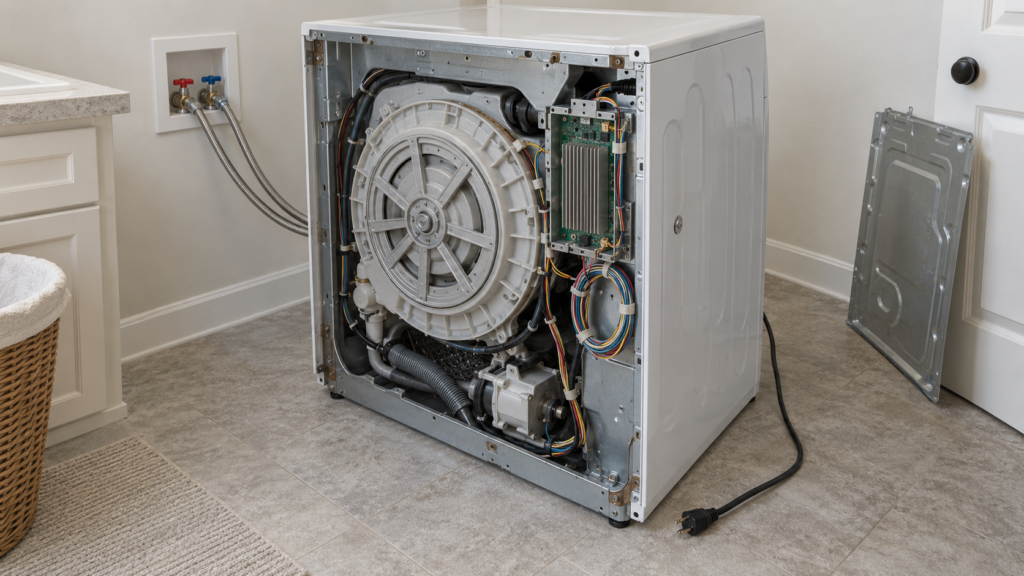The back of a front-load washer with its panel removed, showing a motor control board and a coiled wire harness.