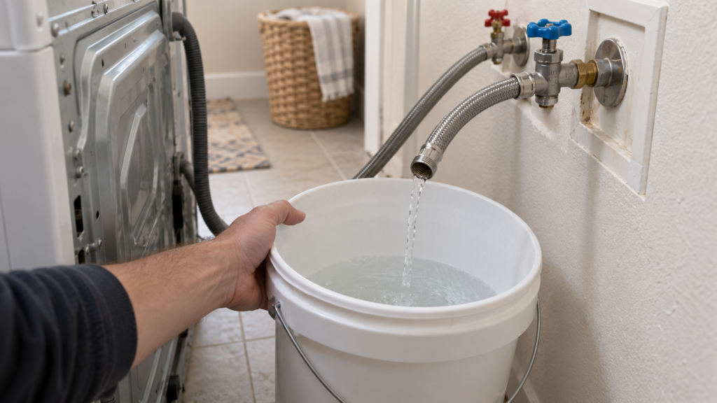 A hand holding a bucket under a disconnected fill hose at the wall valve to test water flow behind a washer.