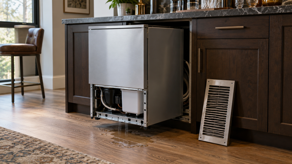 A compact undercounter ice maker pulled halfway out of its cabinet with the front grille removed and a puddle on the floor beneath it.